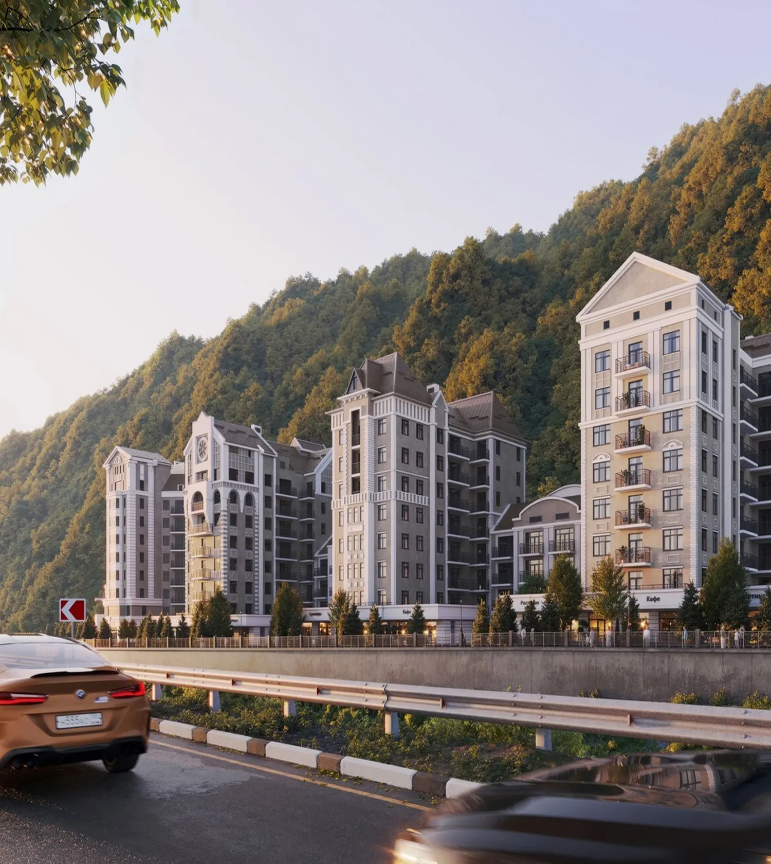 Современные здания на фоне гор